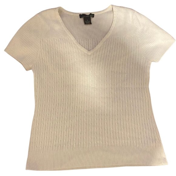 Vintage White Short-Sleeve Cable Knit Sweater Material Top - Picture 1 of 2